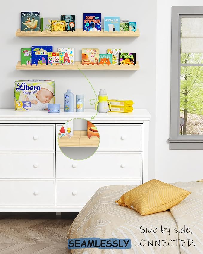 Harwaya Scalloped Nursery Bookshelf Wall Mounted 4-Pack, Natural Wood Floating - Image 5