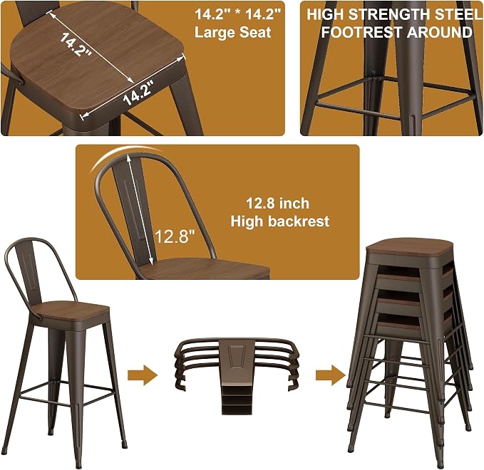 Andeworld Metal Bar Stools Set of 4, 26 inch Counter Height Barstools - Image 6