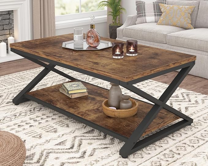 HSH Wood Coffee Table with Storage, Farmhouse Rustic Brown Coffee Table - Image 3