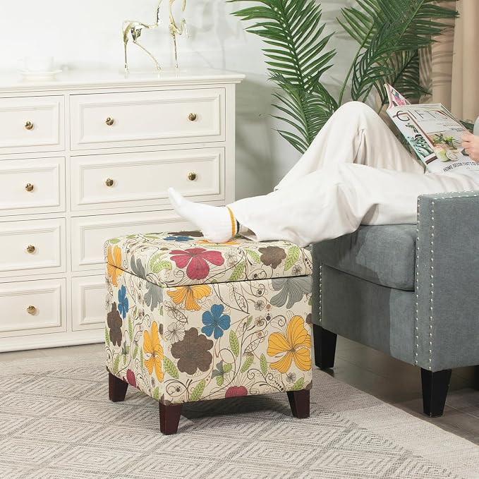 Adeco 18 Inch High Cube Ottoman Storage, Floral Printed Linen Chair Foot Stools - Image 4
