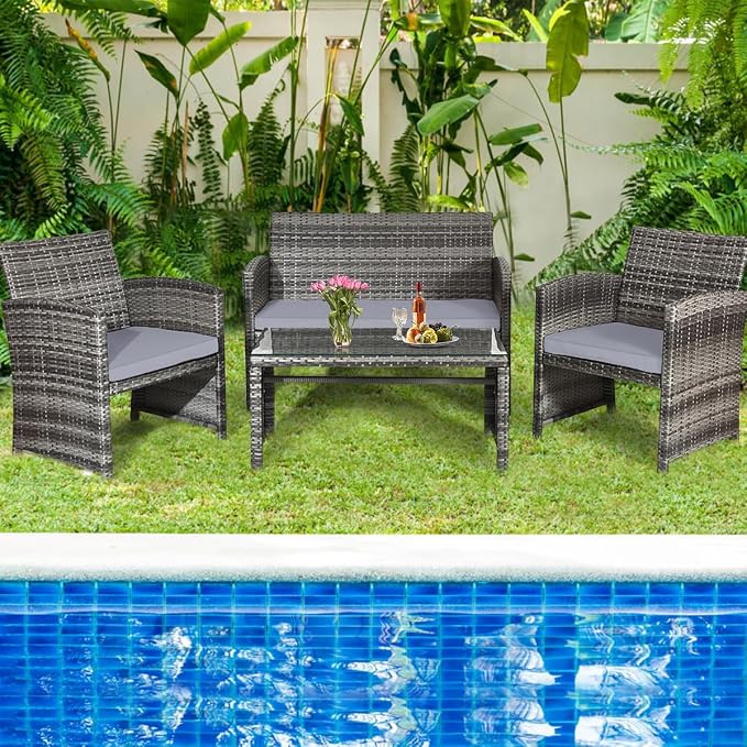 Tangkula 4 Pieces Patio Wicker Conversation Furniture Set, Patiojoy Sofa & - Image 8