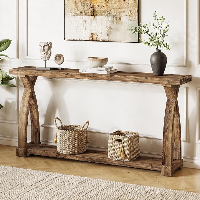 Solid Wood Console Table for Entryway, 63-Inch Narrow Farmhouse Couch Table by TribewoodbyTribesigns