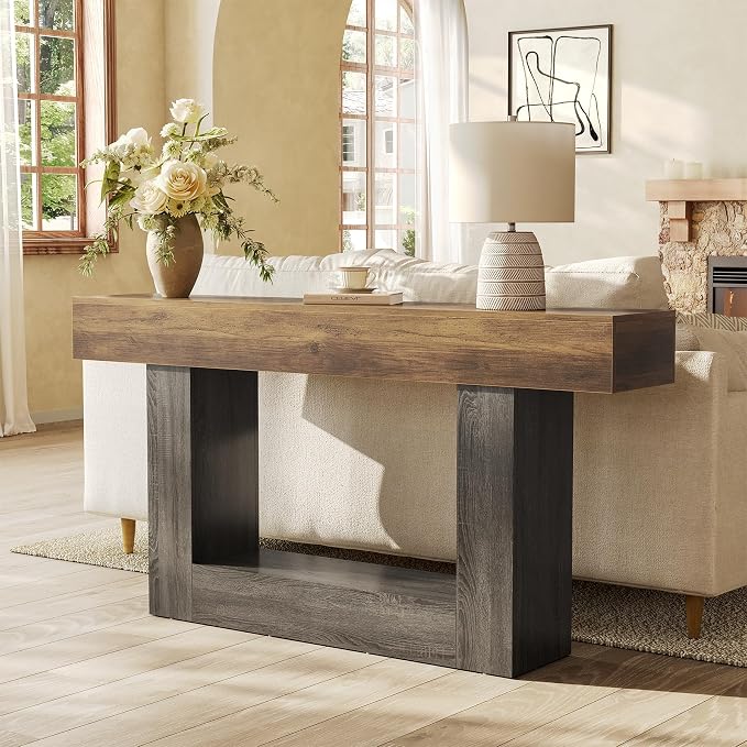 LITTLE TREE 63 Inches Long Console Table, 2-Tier Farmhouse Sofa Table Behind - Image 6