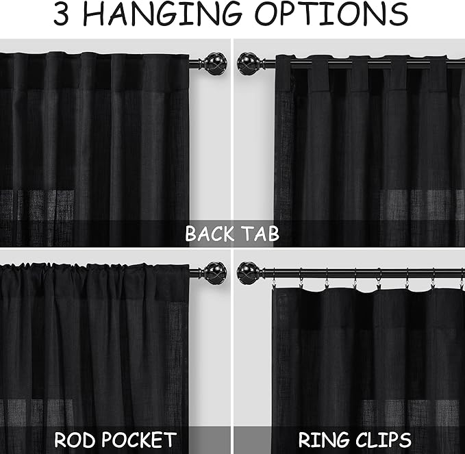 Nanspring Black Linen Sheer Curtains 54 Inch Length 2 Panel Set Back Tab Pocket - Image 3