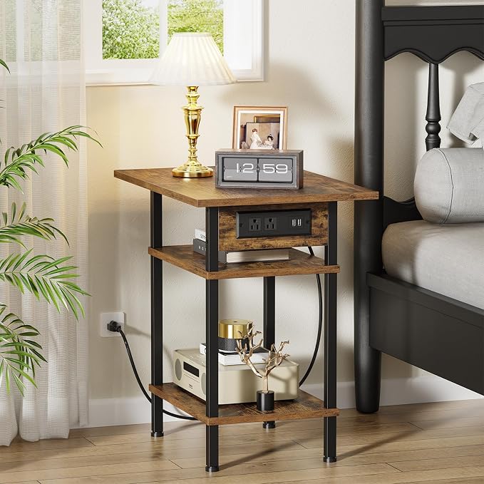 Asgolion Side Table with Charging Station, Skinny Nightstand with USB Ports and - Image 2