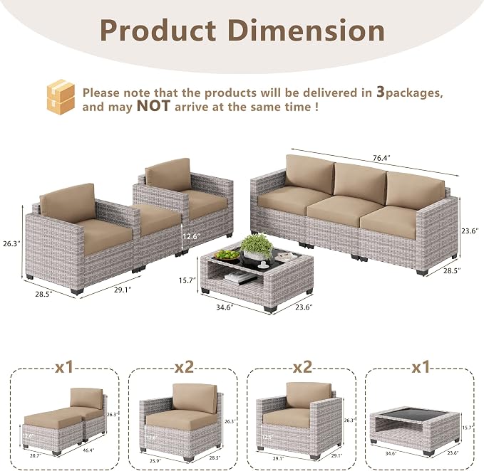 LOUVIXA 7 Piece Outdoor Patio Furniture Set, Rattan Chairs Glass Table Wicker - Image 2