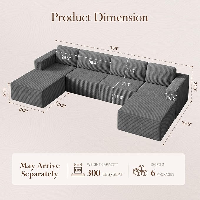 Vesgantti 159" Large Modular Sectional Sofa, U-Shaped Corduroy Cloud Couch - Image 2