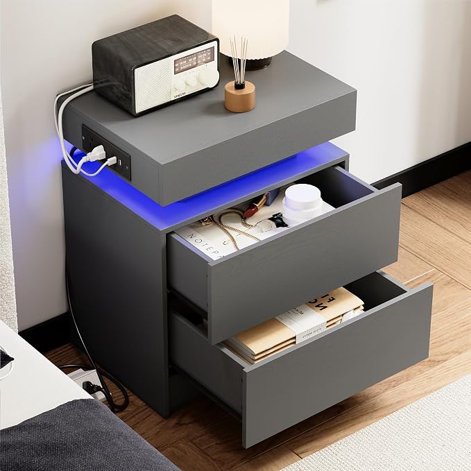 LIKIMIO Night Stand with Charging Station, Modern Grey Nightstand with LED - Image 8