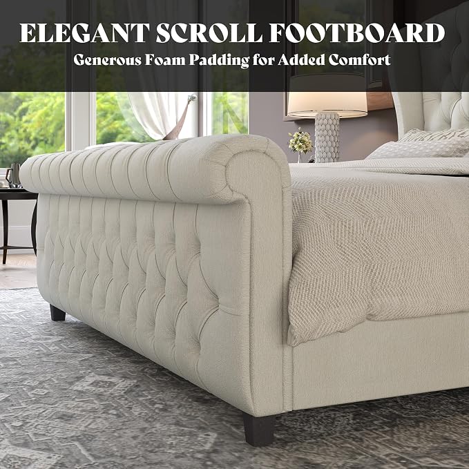 AMERLIFE California King Size Platform Bed Frame, Velvet Upholstered Sleigh Bed - Image 5