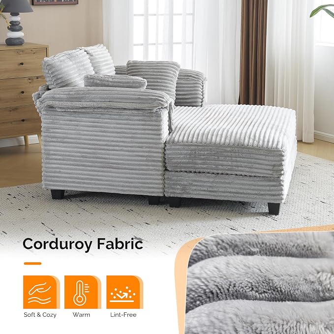 VINGLI 56" Oversized Chaise Lounge Chair, Light Grey Comfy Corduroy Chaise Sofa - Image 8