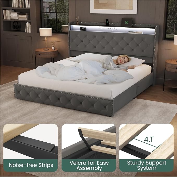 LARMACE King Bed Frame with 4 Storage Drawers and USB Charging Station Velvet - Image 8