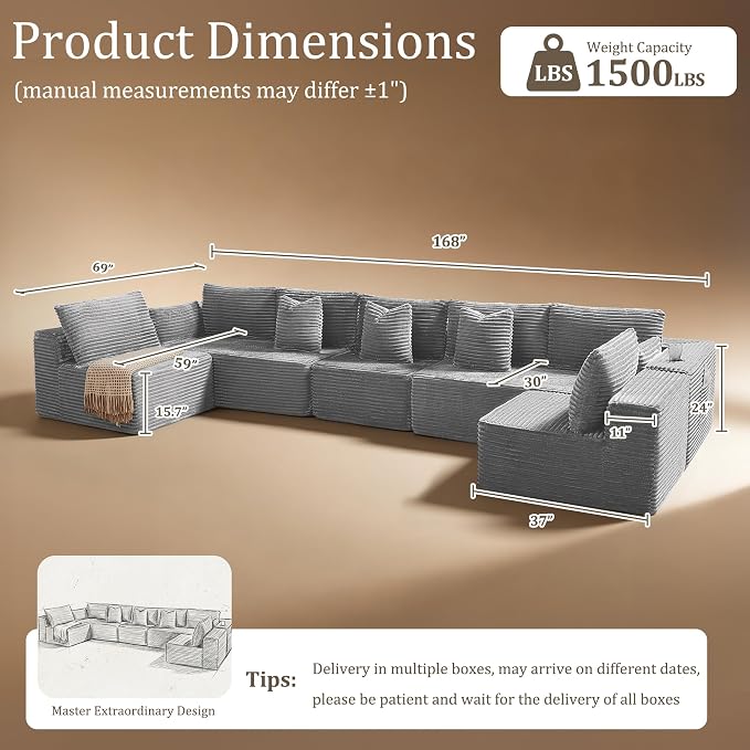 168" Cloud Sectional Couch, Comfort U Shaped Sofa - Image 2