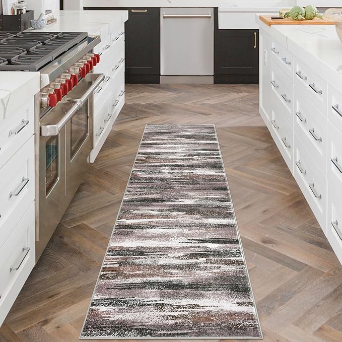 Lansny Modern Abstract Runner Rug 2x6, Dark Light Brown White Washable Kitchen - Image 2