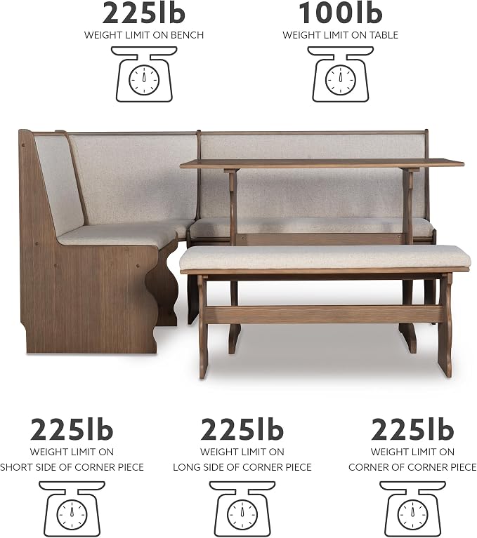 Linon Lucy Natural Wood and Linen Upholstered Corner Nook Kitchen Dining Set - Image 2