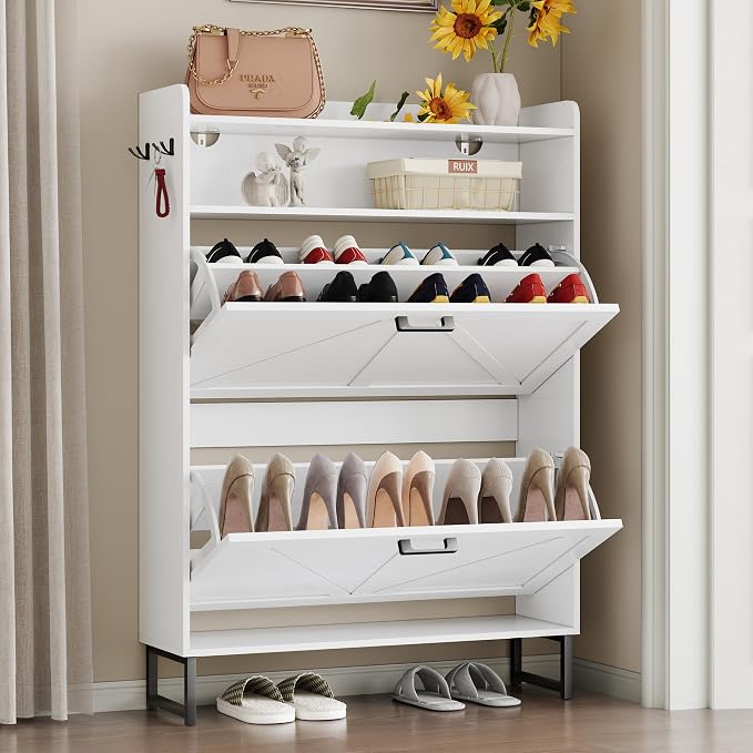 BORNOON Shoe Cabinet with 2 Flip Drawers Narrow Shoe Storage Cabinet Organizer - Image 3