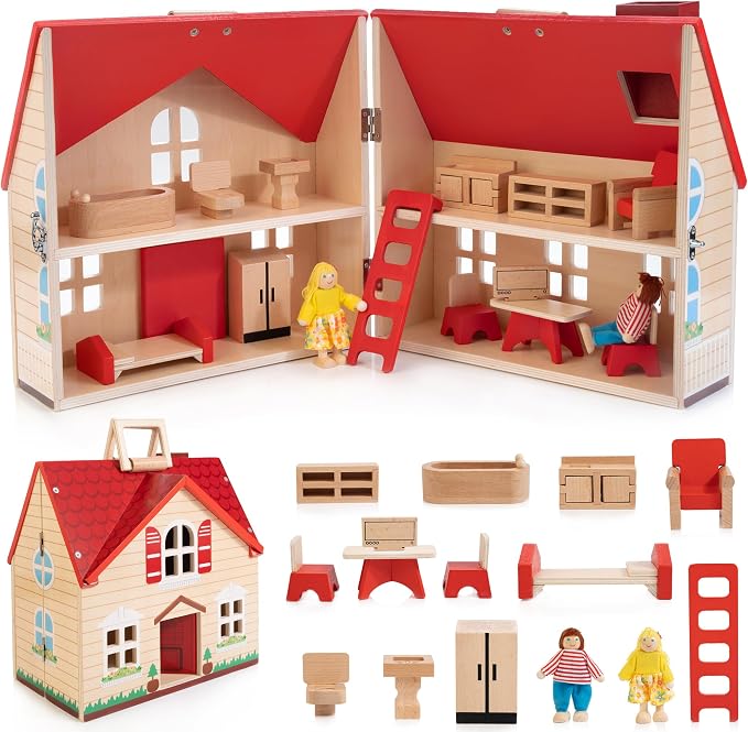 Foldable Wooden Dollhouse with 13PCS Furniture, 4 Rooms and 2 Flexible Dolls by WOODMAM