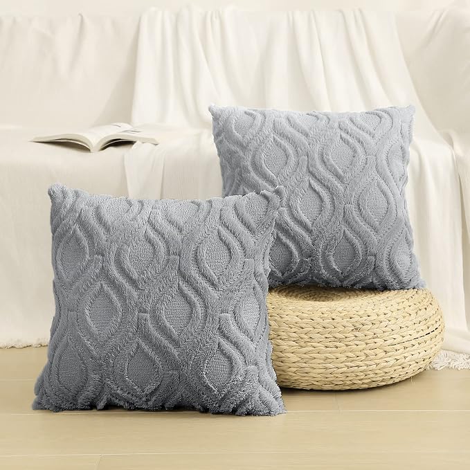 decorUhome Throw Pillow Covers 16x16 Inch Set of 2, Soft Plush Faux Wool Grey - Image 7