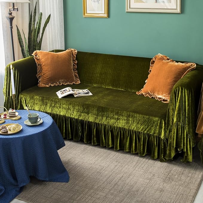 GLORY SEASON Velvet Sofa Cover Soft Decorative Luxurious Solid Exquisite Ruffle - Image 7