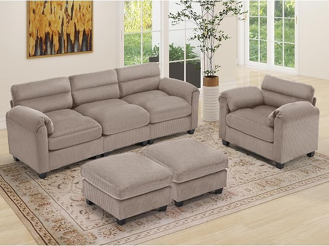 HAOMARKETS Corduroy 4-Piece Sofa Set, Upholstered Ottoman Set of 2, Accent by HAOMARKETS