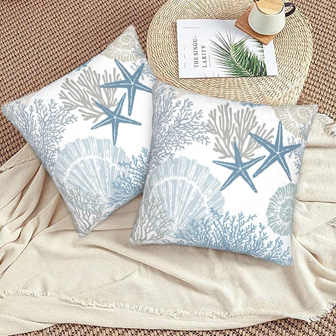Nautical Coastal Beach Pillow Covers 16x16 Set of 2, Ocean Themed Seashell - Image 3