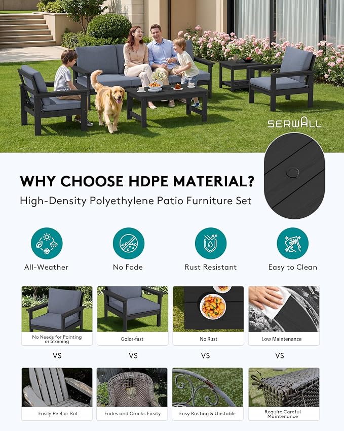 SERWALL HDPE Patio Furniture Set, 7-piece Outdoor Sectional Sofa Set, All - Image 3