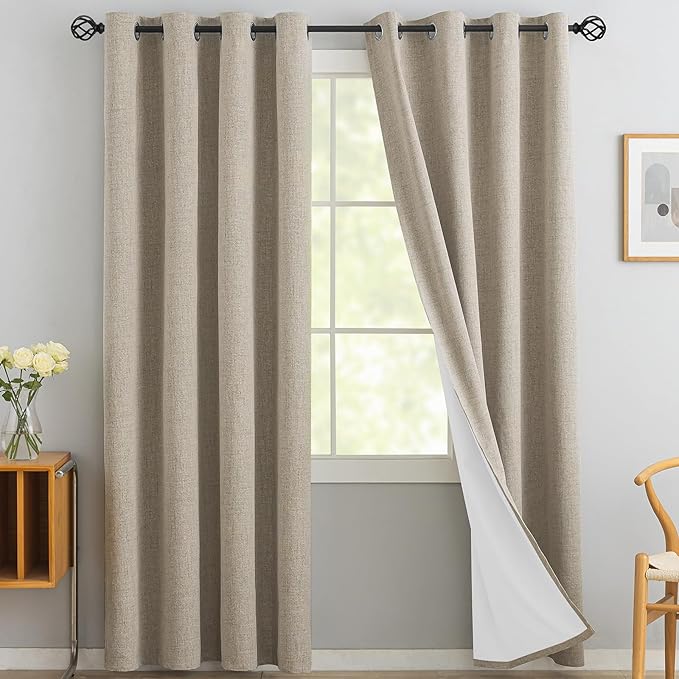 Yakamok Natural Linen Curtains 100% Blackout 96 Inches Long, Room Darkening by Yakamok