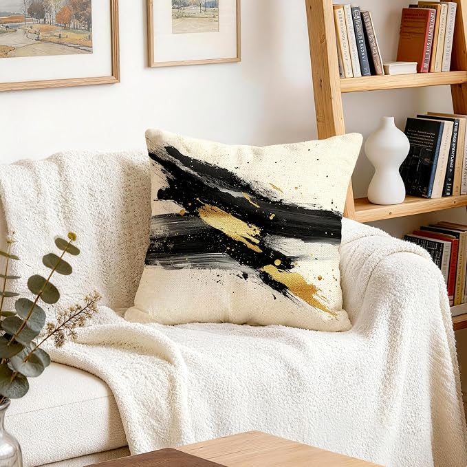 OBSEDE Abstract Black Gold Ink Brush Strokes Throw Pillow Covers 18 × 18 in - Image 8