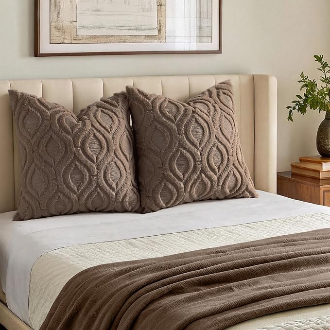 decorUhome Throw Pillow Covers 18x18 Inch Set of 2, Soft Plush Faux Wool Brown - Image 7