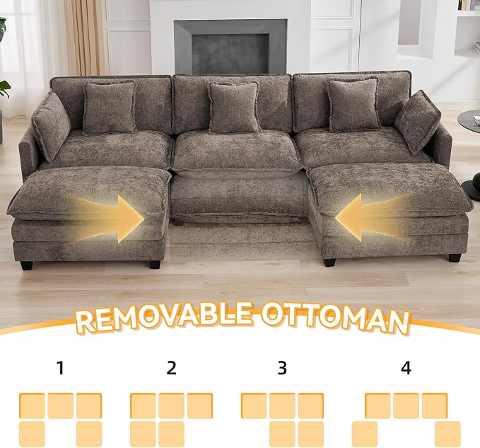 111'' Sectional Cloud Deep Seat Couch, Oversized Chenille U Shaped Sectional - Image 6
