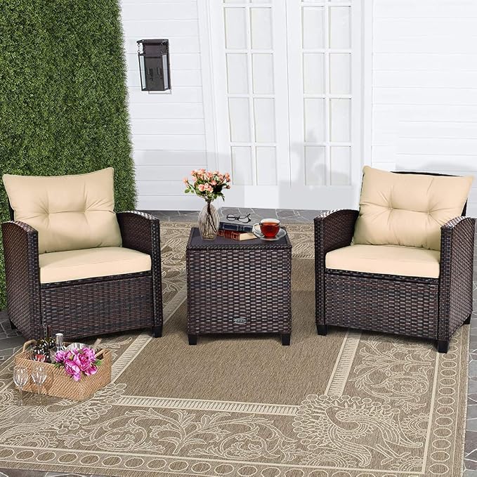 COSTWAY 3PCS Patio Furniture Set, PE Rattan Wicker Sofa w/Washable Cushion and - Image 3