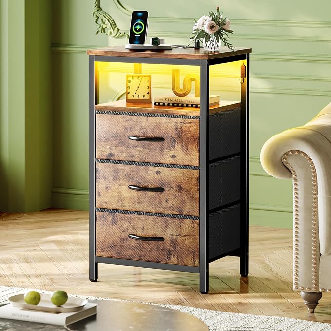 Huuger Night Stand with Charger Station and LED Lights, 3 Drawer Nightstand - Image 2