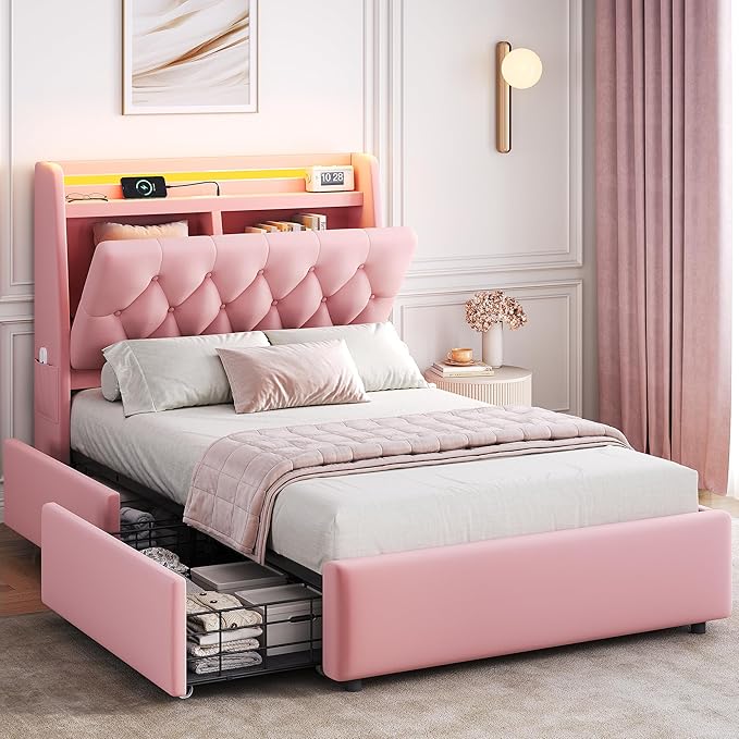Twin LED Velvet Bed Frame with 2 Storage Drawers&Hidden Headboard, Upholstered by JOCOEVOL