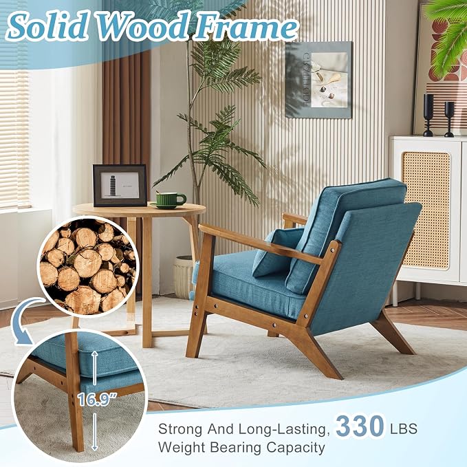 VINGLI Solid Wood Wide Armrests Accent Chair Set of 2, Upholstered Mid Century - Image 4