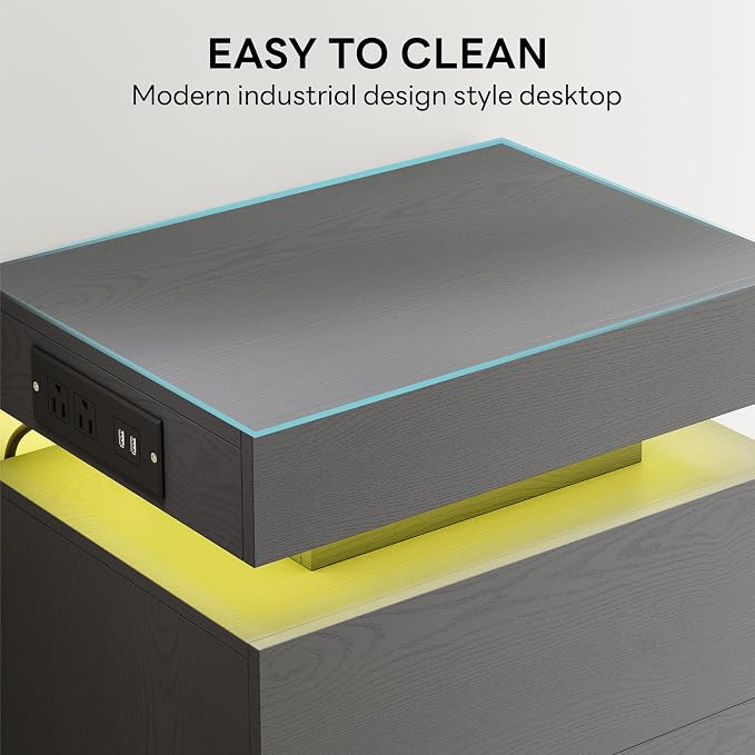 LIKIMIO Night Stand with Charging Station, Modern Grey Nightstand with LED - Image 9