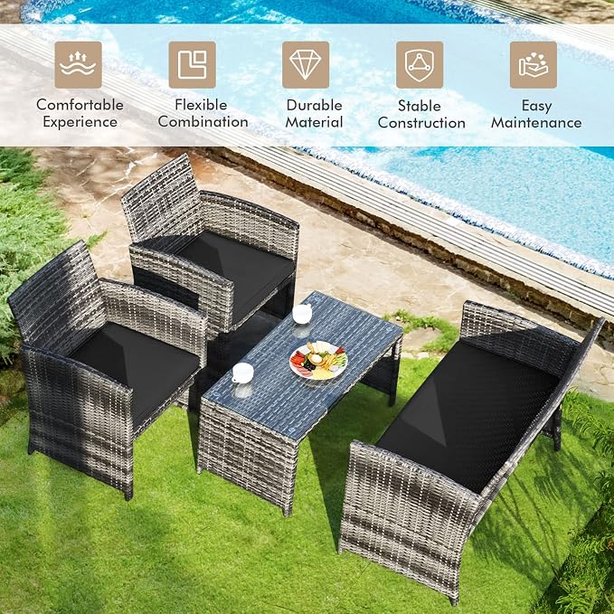 Goplus 4-Piece Rattan Patio Furniture Set, Outdoor Wicker Conversation Sofa - Image 2