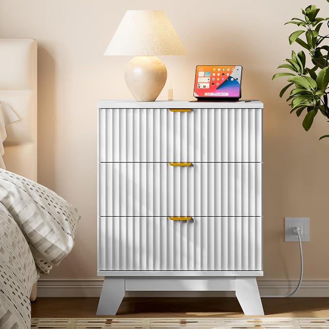 BORNOON 30.5" Nightstand with Charging Station, 3-Drawer Fluted Bedroom Chest - Image 3