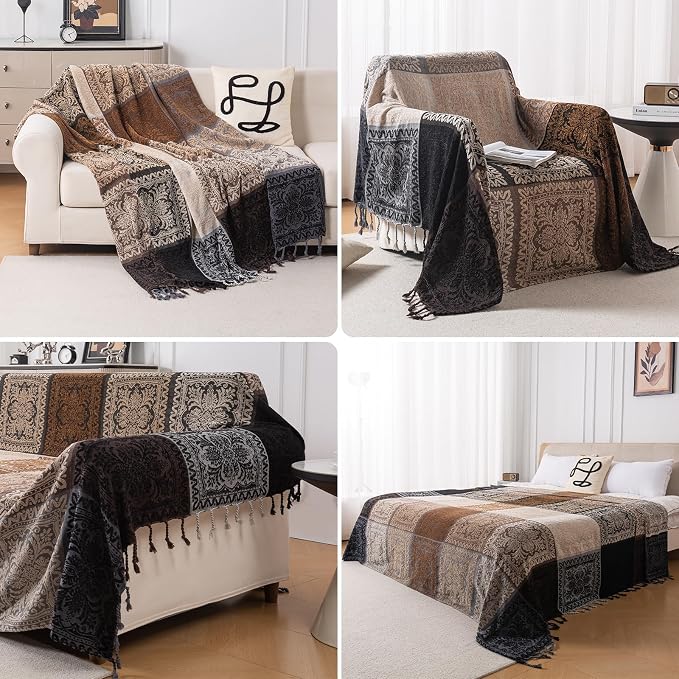 Boho Throw Blanket, Chenille Jacquard Tassels Throw Blankets - Image 2