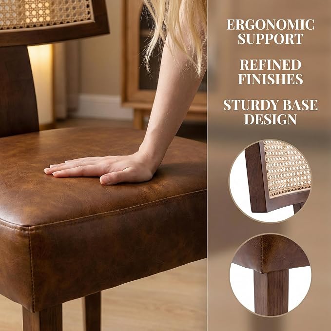 HNY Mid Century Modern Rattan Dining Chairs Set of 4, Farmhouse PU Leather - Image 4