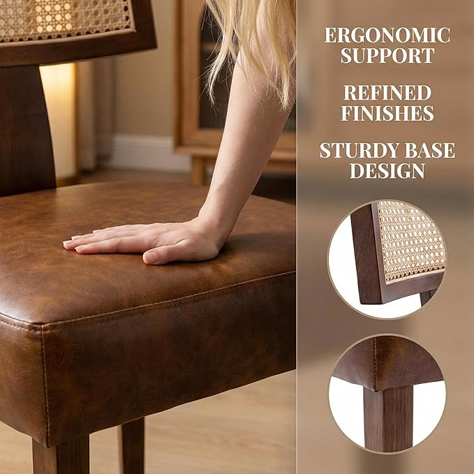 HNY Mid Century Modern Rattan Dining Chairs Set of 2, Farmhouse PU Leather - Image 4
