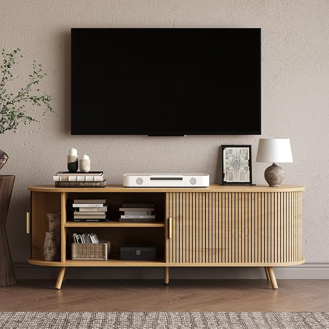 63 inch TV Stand with Power Outlet, Fluted Entertainment Center - Image 8