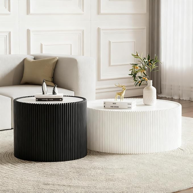 SSLine Round Drum Coffee Table Set of 2 Modern Sintered Stone Top Nesting by SSLine