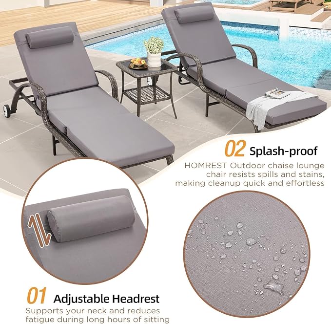 HOMREST Pool Lounge Chairs Set of 3, Outdoor Wicker Chaise - Image 4