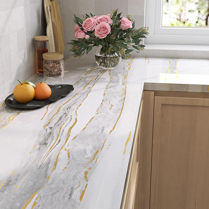 LaCheery Glossy Gold White Marble Contact Paper Waterproof 15.8"x275" Kitchen - Image 2