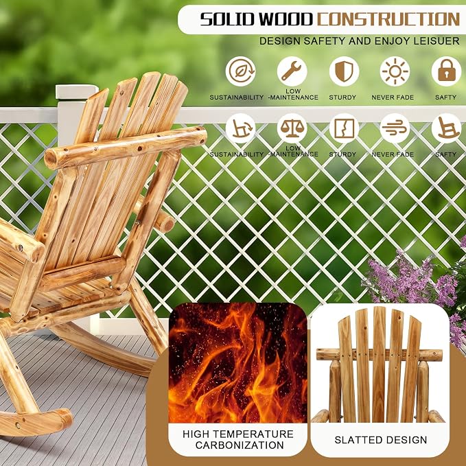 Outvita Wooden Rocking Chair, Fir Log Adirondack Rocker, Outdoor Wood Accent - Image 5
