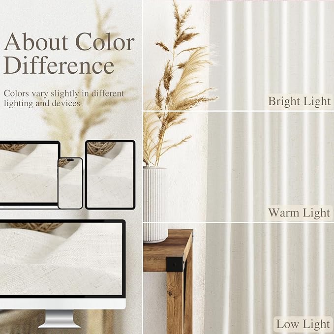 Linen Light Filtering Curtains 96 Inches Long 2 Panels Long Cream Semi Sheer - Image 4