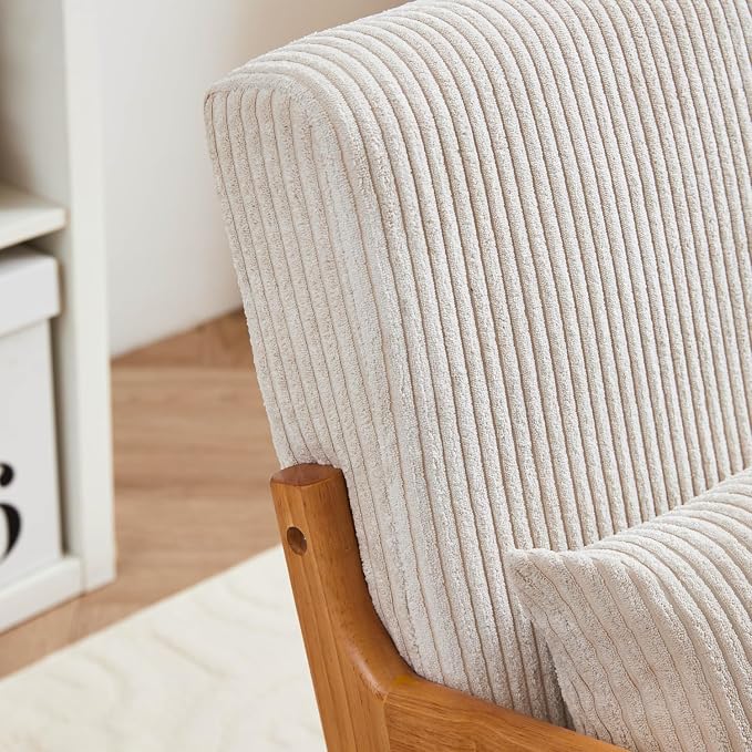 Mid-Century Modern Accent Chair Beige Rubberwood Frame Living Room Bedroom - Image 7
