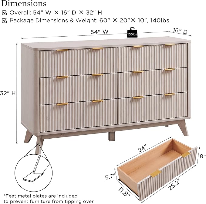 T4TREAM Fluted 6 Drawers Dresser, Curved Profile Design, Dresser TV Stand - Image 2