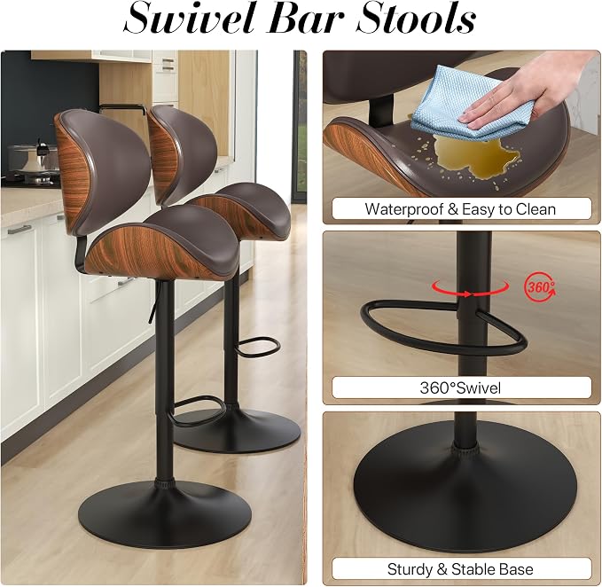 KCC Bar Stools Set of 2, Swivel Adjustable Height Barstools, PU Leather - Image 4