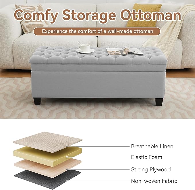 WUTUTUEE 51" Fabric Storage Ottoman Bench, Upholstered Rectangle End of Bed - Image 5