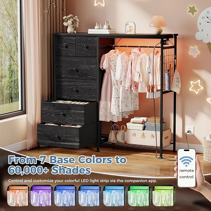 DUMOS Dresser for Bedroom with Hanging Rack, 6 Drawer Fabric Dresser with - Image 6